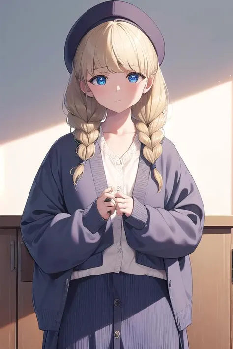 heriohanamori, <lora:herio hanamori manga-lora-nochekaiser:1>,
hanamori, long hair, bangs, braid, twin braids, blue eyes, blonde hair,
BREAK skirt, shirt, hat, cardigan,
BREAK indoors, classroom,
BREAK looking at viewer, (cowboy shot:1.5),
BREAK <lyco:GoodHands-beta2:1>, (masterpiece:1.2), best quality, high resolution, unity 8k wallpaper, (illustration:0.8), (beautiful detailed eyes:1.6), extremely detailed face, perfect lighting, extremely detailed CG, (perfect hands, perfect anatomy),