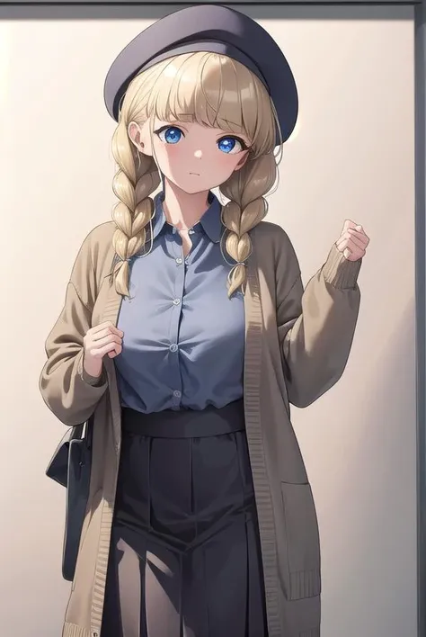 heriohanamori, <lora:herio hanamori manga-lora-nochekaiser:1>,
hanamori, long hair, bangs, braid, twin braids, blue eyes, blonde hair,
BREAK skirt, shirt, hat, cardigan,
BREAK indoors, classroom,
BREAK looking at viewer, (cowboy shot:1.5),
BREAK <lyco:GoodHands-beta2:1>, (masterpiece:1.2), best quality, high resolution, unity 8k wallpaper, (illustration:0.8), (beautiful detailed eyes:1.6), extremely detailed face, perfect lighting, extremely detailed CG, (perfect hands, perfect anatomy),