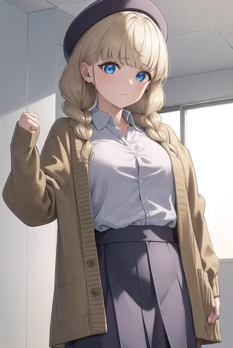 heriohanamori, <lora:herio hanamori manga-lora-nochekaiser:1>,
hanamori, long hair, bangs, braid, twin braids, blue eyes, blonde hair,
BREAK skirt, shirt, hat, cardigan,
BREAK indoors, classroom,
BREAK looking at viewer, (cowboy shot:1.5),
BREAK <lyco:GoodHands-beta2:1>, (masterpiece:1.2), best quality, high resolution, unity 8k wallpaper, (illustration:0.8), (beautiful detailed eyes:1.6), extremely detailed face, perfect lighting, extremely detailed CG, (perfect hands, perfect anatomy),