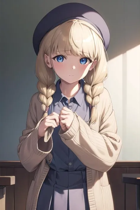 heriohanamori, <lora:herio hanamori manga-lora-nochekaiser:1>,
hanamori, long hair, bangs, braid, twin braids, blue eyes, blonde hair,
BREAK skirt, shirt, hat, cardigan,
BREAK indoors, classroom,
BREAK looking at viewer, (cowboy shot:1.5),
BREAK <lyco:GoodHands-beta2:1>, (masterpiece:1.2), best quality, high resolution, unity 8k wallpaper, (illustration:0.8), (beautiful detailed eyes:1.6), extremely detailed face, perfect lighting, extremely detailed CG, (perfect hands, perfect anatomy),