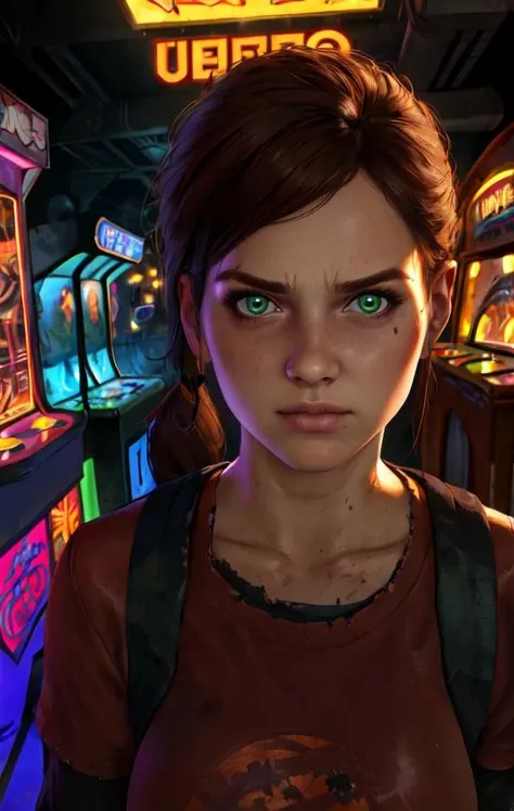 elliet2, green eyes, brown hair, low ponytail,
red shirt, dirty clothes, long sleeves,
upper body, standing, serious,
arcade room, neon lights, night,
looking at viewer,
(insanely detailed, beautiful detailed face,beautiful detailed eyes, masterpiece, best quality), solo,
<lora:EllieT2:0.8>