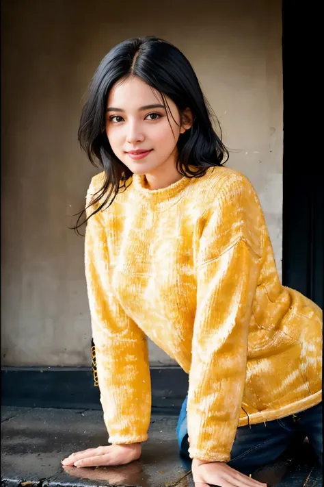 xyzsansweater, RAW photo, face portrait photo of beautiful woman, black hairs, realistic, cute face, yellow sweater, happy face, hard shadows, cinematic shot, dramatic lighting, full body, folded sleves, <lora:xyzsansweater:1>