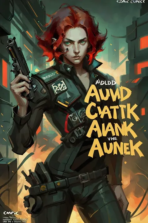 a man with red hair holding a gun and a skull in his hand, with a gun in his other hand, Android Jones, comic cover art, cyberpunk art, computer art <lora:AlphaStyle-000004:.8>