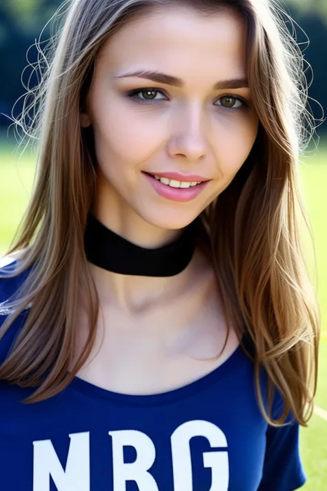 (from front),photo of a ukrainian woman named milaazul,<lyco:mila azul_V1:0.9>,Wearing a black collar,wearing t-shirt,Face close-up, looking at viewer and facing viewer,photorealistic, happy smile,teeth,long hair, best quality and best aesthetic and (photorealistic:1.4) and (Realistic:1.4) and Detailed Skin Textures and detailed skin pores and high skin detail,<lora:LCM_LoRA_Weights_SD15å éå¨:0.7>,((Outdoor sports field)), <lora:detail_slider_v4:0.7>,<lora:å¢å çå¯¦æepiCRealLife:0.7>