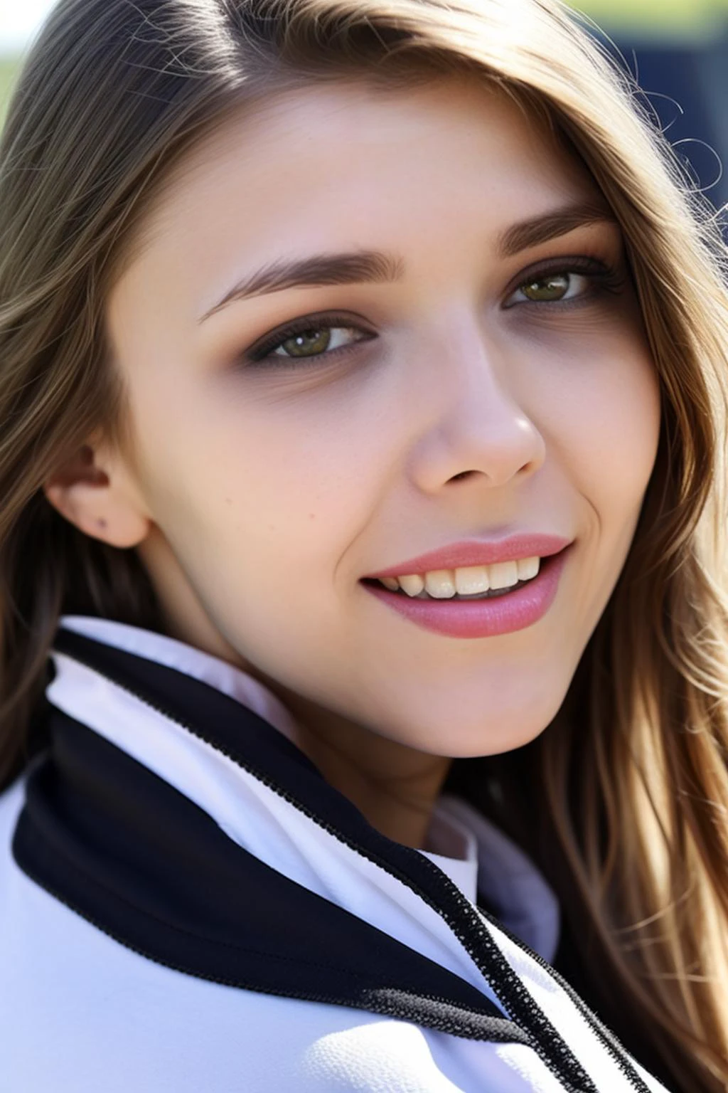 (from front),photo of a ukrainian woman named milaazul,<lyco:mila azul_V1:0.9>,Wearing a black collar,wearing t-shirt,Face close-up, looking at viewer and facing viewer,photorealistic, happy smile,teeth,long hair, best quality and best aesthetic and (photorealistic:1.4) and (Realistic:1.4) and Detailed Skin Textures and detailed skin pores and high skin detail,<lora:LCM_LoRA_Weights_SD15å éå¨:0.7>,((Outdoor sports field)), <lora:detail_slider_v4:0.7>,<lora:å¢å ç實æepiCRealLife:0.7>