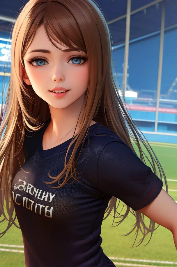 (from front),photo of a ukrainian woman named milaazul,<lyco:mila azul_V1:0.85>,Wearing a black collar,wearing t-shirt,Face close-up, looking at viewer and facing viewer,photorealistic, happy smile,teeth,long hair, and (photorealistic:1.4) and (Realistic:1.4) and ,<lora:LCM_LoRA_Weights_SD15å éå¨:0.4>,((Outdoor sports field)),<lora:detail_slider_v4:0.7>, (masterpiece,best quality,official art,extremely detailed CG unity 8k wallpaper,ultra-detailed,highres), (anime coloring,anime screencap,anime style,illustration)