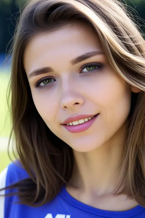 (from front),photo of a ukrainian woman named milaazul,<lyco:mila azul_V1:0.9>,Wearing a black collar,wearing t-shirt,Face close-up, looking at viewer and facing viewer,photorealistic, happy smile,teeth,long hair, best quality and best aesthetic and (photorealistic:1.4) and (Realistic:1.4) and Detailed Skin Textures and detailed skin pores and high skin detail,<lora:LCM_LoRA_Weights_SD15å éå¨:0.7>,((Outdoor sports field)), <lora:detail_slider_v4:0.7>,<lora:å¢å çå¯¦æepiCRealLife:0.7>