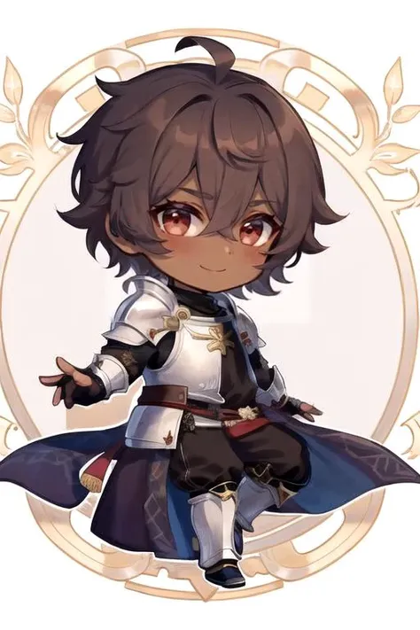 1boy, brown hair, shaggy hair, hair between eyes, tsurime, narrowed eyes, short hair, dark red eyes, light smile, (knight armor:1.3), medieval, solo, dark skin, <lora:Dskin_v1.0:0.9>, chibi, <lora:q-v1:1>