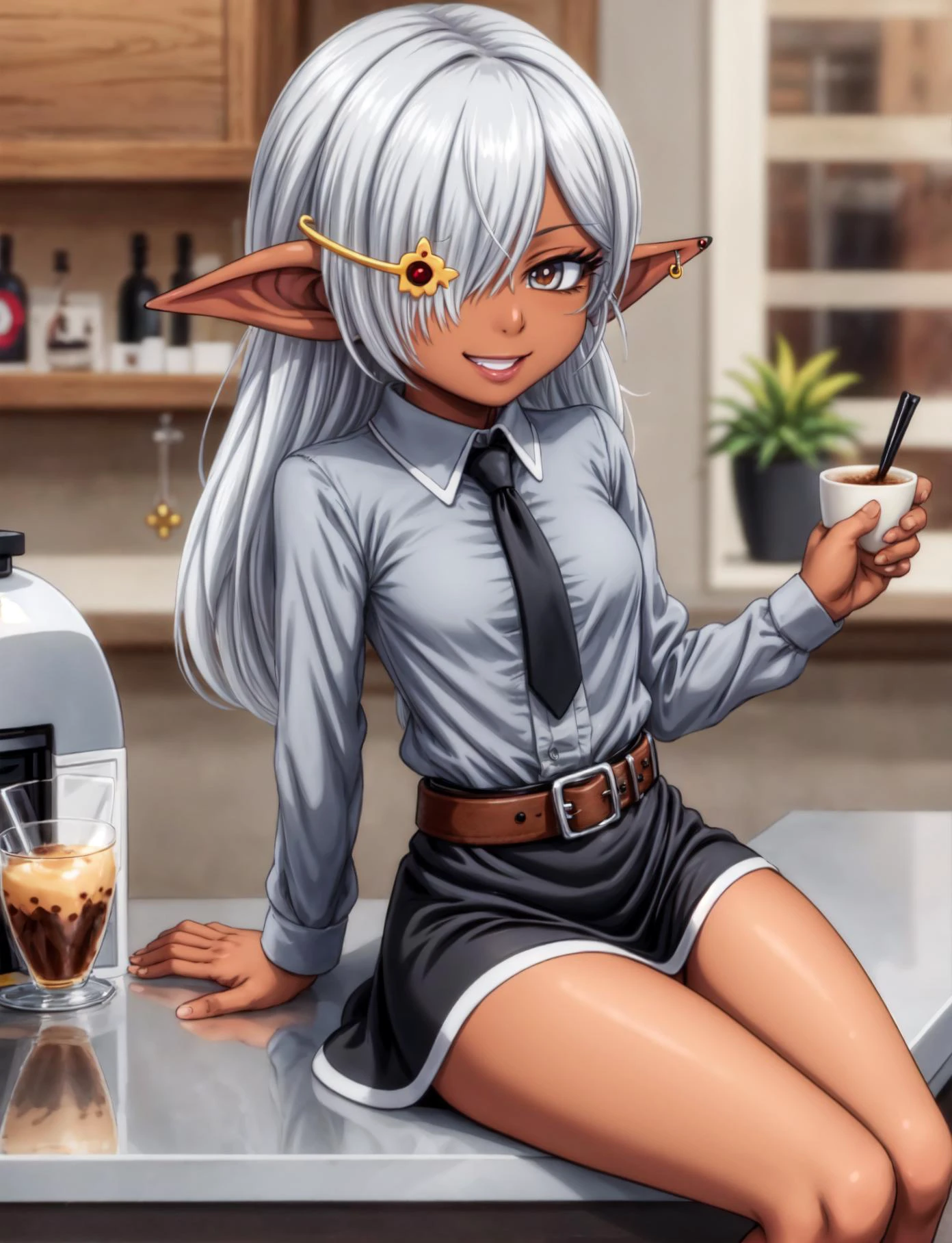 solo,(masterpiece, best quality),Miriya sitting on table ,cute, curvy, hair over one eye, dark skinned female, dark skin, dark elf, pointy ears, grey hair, long hair, hair ornament, lipstick, makeup, black eyeshadow,dress, jewelry, earrings, small breasts, narrow waist, (black shirt),smiling, belt, tie, coffe shop, table, window, bar, machines
<lora:MiriyaV1:0.75> <lora:Dskin_v1.0:0.85>