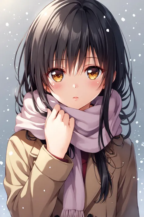 1girl,kotegawa yui,solo,scarf,long hair,black hair,blush,upper body,looking at viewer,bangs,coat,snowing,brown eyes,long sleeves,simple background,score_8_up,<lora:Yabuki Kentarou_XL_PONY:0.8>,