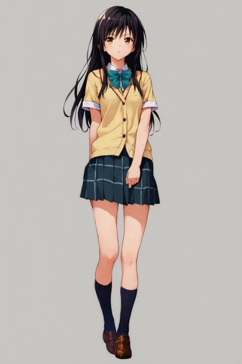 1girl,kotegawa yui,solo,long hair,school uniform,black hair,simple background,white background,full body,standing,looking at viewer,score_8_up,<lora:Yabuki Kentarou_XL_PONY:0.8>,