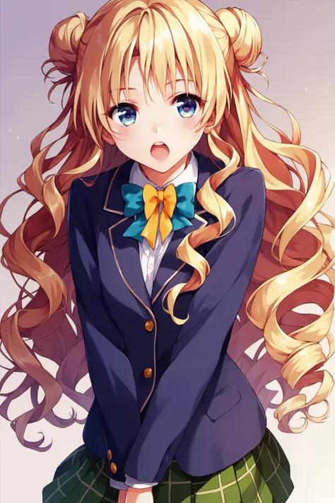 1girl,tenjiuin saki,solo,school uniform,skirt,hair bun,long hair,wavy hair,blazer,double bun,plaid skirt,plaid,drill hair,blond hair,open mouth,score_8_up,<lora:Yabuki Kentarou_XL_PONY:0.8>,