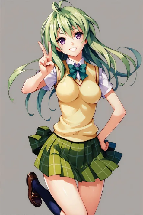 1girl,run elise jewelria,solo,skirt,school uniform,green hair,smile,v,sweater vest,socks,loafers,long hair,shoes,plaid skirt,hand on hip,kneehighs,plaid,antenna hair,pleated skirt,bow,medium breasts,purple eyes,breasts,score_8_up,<lora:Yabuki Kentarou_XL_PONY:0.8>,