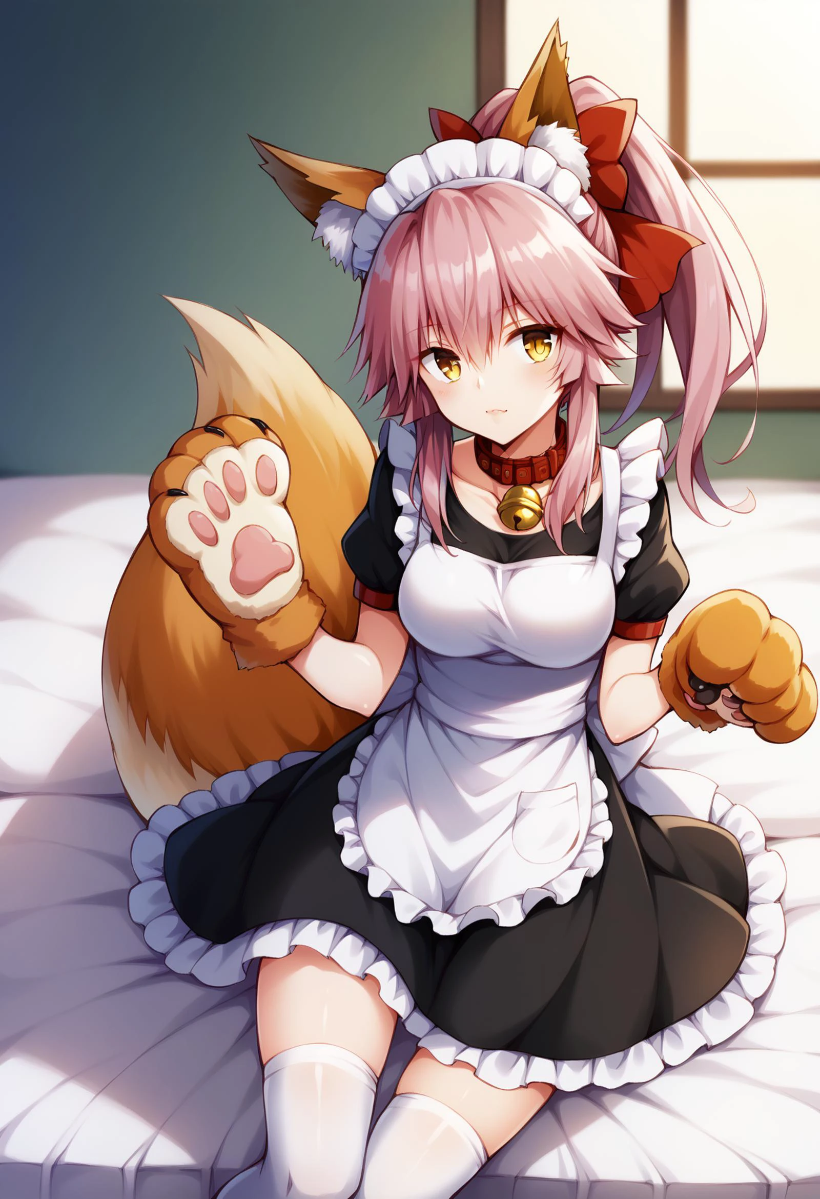 <lora:PONY-ç»-Yabuki Kentarou:0.8> ,score_8_up,1girl, solo, <lora:PONY-人-çè»å:0.7>,tamamo cat second, yellow eyes, pink hair, long hair, ponytail, animal ears, fox ears, animal ear fluff, fox tail, paw gloves, neck bell, collar, animal hands, maid, black dress, maid headdress, apron, white apron, red ribbon,white thighhighs,, uncensored,<lora:add-detail-xl:1>,