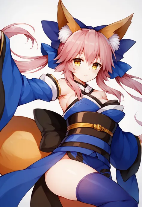<lora:PONY-ç»-Yabuki Kentarou:0.8> ,score_8_up,1girl, solo, <lora:PONY-人-çè»å:0.7>,tamamo def, yellow eyes, pink hair, twintails, long hair, animal ears, fox ears, animal ear fluff, fox tail, hair bow, blue kimono, wide sleeves, obi, sash, blue thighhighs, detached sleeves, detached collar,, uncensored,<lora:add-detail-xl:1>,