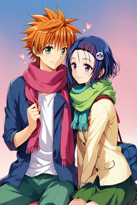 1girl,haruna sairenji,bow,green skirt,hair ornament,purple eyes,blue hair,scarf,shared scarf,1boy,yuuki rito,shirt,orange hair,green eyes,shared clothes,couple,hetero,heart,smile,bag,short hair,sitting,score_9,score_8_up,<lora:Yabuki Kentarou_XL_PONY_V2:0.9>,