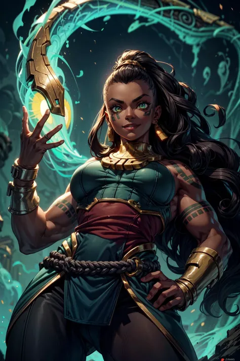 1girl,illaoi,adult face,adult,dark skin,brown hair,long hair,green eyes,(glowing eyes),muscular,fit,big body,black pants,(smile:1.3),angry eyes,standing,bar background,(closeup:1.2),(from below:1.3),(hands on hips),good eyes, pretty eyes,masterpiece,extremely detailed CG unity 8k wallpaper, best quality,32k,focus sharp, <lora:illaoi-000008:0.8>, <lora:add_detail:1>