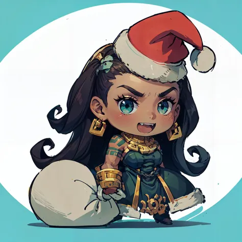 <lora:illaoi-000008:0.8> illaoi, <lora:padoru_meme:0.8> padoru meme, holding sack,chibi,:d,santa hat