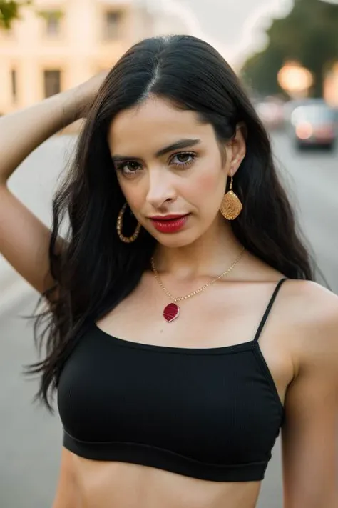 Realistic photo of a beautiful kryst3nr-v12 woman, 1girl, solo, long hair, looking at viewer, open mouth, simple background, black hair, white background, brown eyes, jewelry, earrings, armpits, necklace, arm up, makeup, lipstick, arm behind head, realistic, red lips, soft lighting, professional Photography, Photorealistic, detailed, RAW, analog, sharp focus, 8k, HD, DSLR, high quality, Fujifilm XT3, film grain, award winning, masterpiece<lora:kryst3nr-v1:1.0>