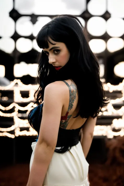 Realistic photo of a beautiful kryst3nr-v12 woman, 1girl, solo, long hair, breasts, looking at viewer, black hair, dress, standing, character name, lips, hand on hip, makeup, red dress, lipstick, red lips, soft lighting, professional Photography, Photorealistic, detailed, RAW, analog, sharp focus, 8k, HD, DSLR, high quality, Fujifilm XT3, film grain, award winning, masterpiece<lora:kryst3nr-v1:1.0><lora:kryst3nr-v1:1.0><lora:kryst3nr-v1:1.0><lora:kryst3nr-v1:1.0><lora:kryst3nr-v1:1.0>