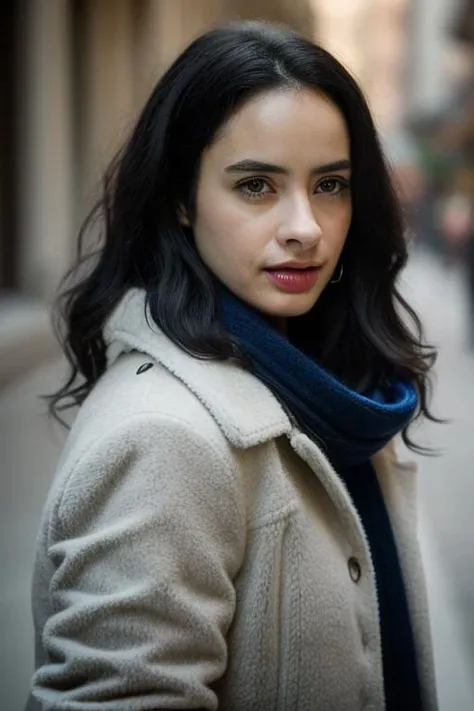 Realistic photo of a beautiful kryst3nr-v12 woman, 1girl, solo, long hair, black hair, brown eyes, upper body, parted lips, teeth, scarf, blurry, lips, coat, looking to the side, blurry background, looking away, realistic, soft lighting, professional Photography, Photorealistic, detailed, RAW, analog, sharp focus, 8k, HD, DSLR, high quality, Fujifilm XT3, film grain, award winning, masterpiece<lora:kryst3nr-v1:1.0>