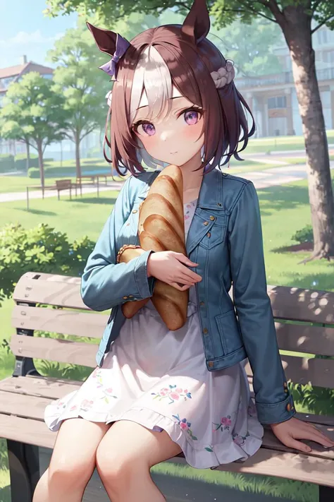 masterpiece, best quality, 
special week \(umamusume\), 
sitting, on bench, baguette, object hug,
ear bow, purple bow, casual, blue jacket, white dress, long sleeves, open clothes, open jacket, floral print, 
<lora:special_week_loha:0.6>