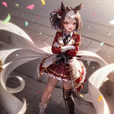 masterpiece, best quality,
special week \(umamusume\),
white flag, confetti, crowd, crossed arms, standing, smile, open mouth, from above,
official alternate costume, hair ornament, white gloves, long sleeves, white shirt, collared shirt, red jacket, red coat, sash, red skirt, red dress, frills, pleated skirt, waist cape, black footwear, white footwear, mismatched footwear, asymmetrical footwear, knee boots, high heel boots,
<lora:special_week_loha:0.6>