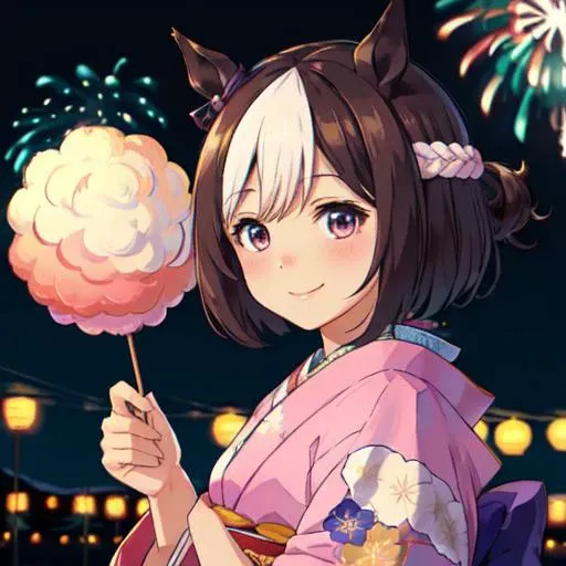 masterpiece, best quality, close up, fireworks, skyrockets, night, smile, wear japanese kimono, wafuku,
special week \(umamusume\), hold cotton candy,
<lora:special_week_loha-000009:0.7>
