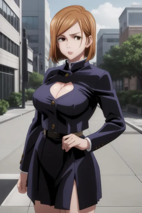 masterpiece, best quality, high quality, 
outdoors, street, 
looking at viewer, cowboy shot, 
school uniform, jacket, cleavage, cleavage cutout, large breasts, 
Nobara, <lora:Nobara-10:1>