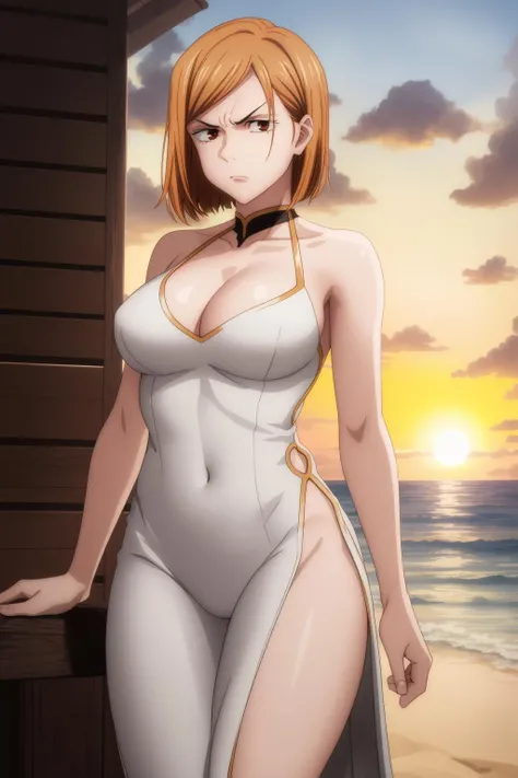 masterpiece, best quality, high quality,
outdoors, beach, sunset,
looking at viewer, cowboy shot,
white dress, gold trim, revealing_clothes, side slit, cleavage, angry, glaring,
Nobara, <lora:Nobara-10:1>