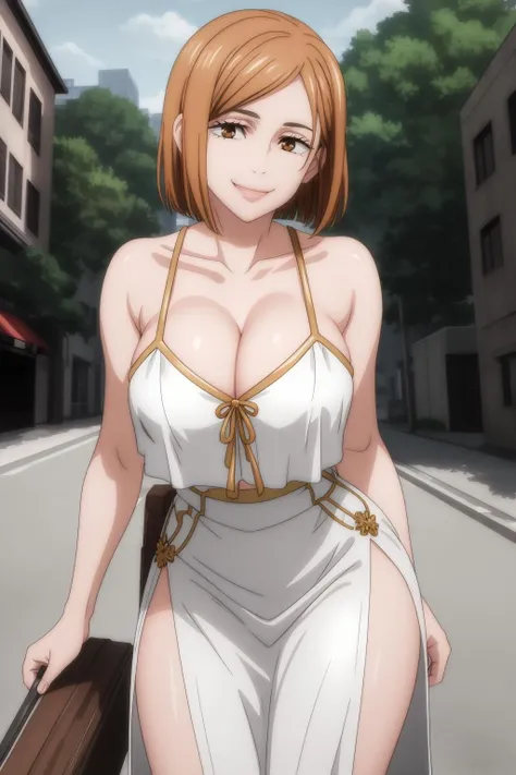 masterpiece, best quality, high quality,
outdoors, street,
looking at viewer, cowboy shot,
white dress, gold trim, revealing_clothes, side slit, cleavage, smile,
Nobara, <lora:Nobara-10:1>