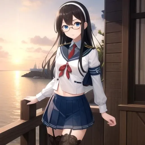 ((masterpiece)),(best quality),official art,extremely detailed CG,unity 8k wallpaper,ultra detailed,A lighthouse on a cliff by the sea,1girl,solo,cowboy shot,long_hair,glasses,black thighhighs,black_hair,serafuku,school_uniform,hairband,blue_eyes,hip_vent,long_sleeves,looking_at_viewer,red_necktie,blue_skirt,pleated_skirt,under-rim_eyewear,<lora:Ooyodo(kan)>,