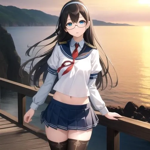 ((masterpiece)),(best quality),official art,extremely detailed CG,unity 8k wallpaper,ultra detailed,A lighthouse on a cliff by the sea,1girl,solo,cowboy shot,long_hair,glasses,black thighhighs,black_hair,serafuku,school_uniform,hairband,blue_eyes,hip_vent,long_sleeves,looking_at_viewer,red_necktie,blue_skirt,pleated_skirt,under-rim_eyewear,<lora:Ooyodo(kan)>,