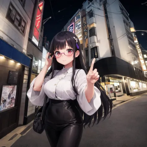 best quality, ultra-detailed, illustration,
lovehogai, scenery, japan, lamppost, night, sky, sign, night sky, outdoors, building, storefront,
1girl, black hair, long hair, glasses, solo, embarrassed, office lady suit, blush, pointing, looking at another,
<lora:JAPN_SCENERY_Lovehogai_SD15_V1:1>