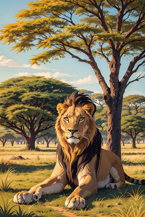 a lion sitting under a tree in the savanna,<lora:vectorizeM:1>,