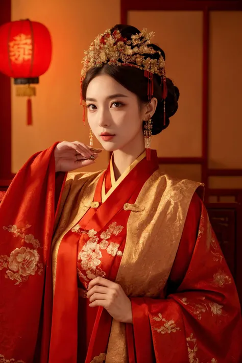 (Best Quality, Masterpiece:1.4), (Realism:1.2), (Realisitc:1.2), (Absurdres:1.2), (photorealistic:1.3), 1girl,Realistic Skin,Solo,( Very Big Eyes,beautiful detailed eyes, symmetric eyes), cowboy shot,looking at viewer, Chinese wedding, table, (Chinese decoration), red lanterns, indoors, <lora:å¤å éå¸:0.5> ,