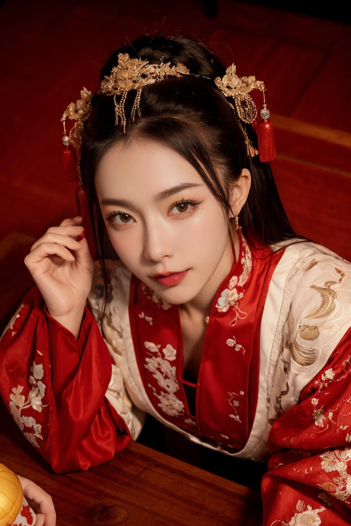 ((masterpiece), (best quality), ultra high res, (raw photo:1.2), (photorealistic:1.4), Exceptional detail, dramatic lighting, highres, 8k, absurdres, solo, ((from above)), front facing, kneeling in front of a male, (((POV))),
CN Girl5, 1girl, ((long hair)), (black hair:1.2), navel, looking at viewer, Chinese wedding, table, upper body, (Chinese decoration), red lanterns, wooden background,
<lora:CN_Girl4_v2-000010:0.6> , <lora:chinese_wedding:0.55>
