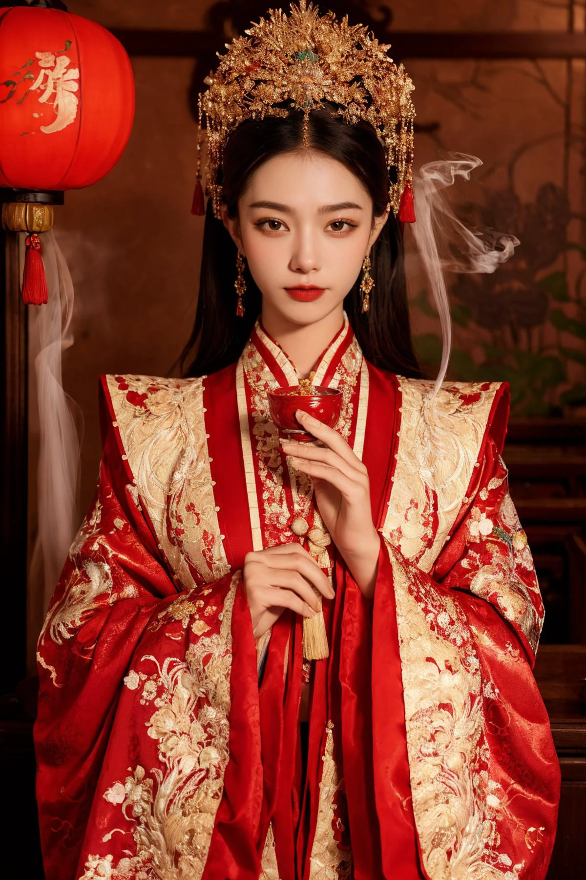 ((masterpiece), (best quality), ultra high res, (raw photo:1.2), (photorealistic:1.4), Exceptional detail, dramatic lighting, highres, 8k, absurdres, solo,
CN Girl5, 1girl, ((long hair)), (black hair:1.2), navel, looking at viewer, Chinese wedding, table, upper body, standing, (Chinese decoration), red lanterns, wooden background, smoke, (incense:1.4), indoor, incense burning, ((holding)), holding tea cups,
<lora:CN_Girl4_v2-000010:0.6> , <lora:chinese_wedding:0.65>