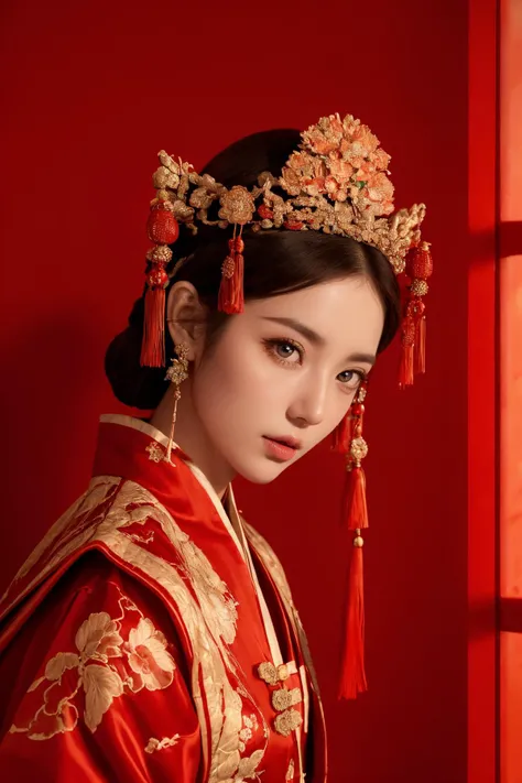 (Best Quality, Masterpiece:1.4), (Realism:1.2), (Realisitc:1.2), (Absurdres:1.2), (photorealistic:1.3), 1girl,Realistic Skin,Solo,( Very Big Eyes,beautiful detailed eyes, symmetric eyes), ((cowboy shot)),looking at viewer, Chinese wedding, (Chinese decoration), red lanterns, indoors, <lora:å¤å éå¸:0.5> ,