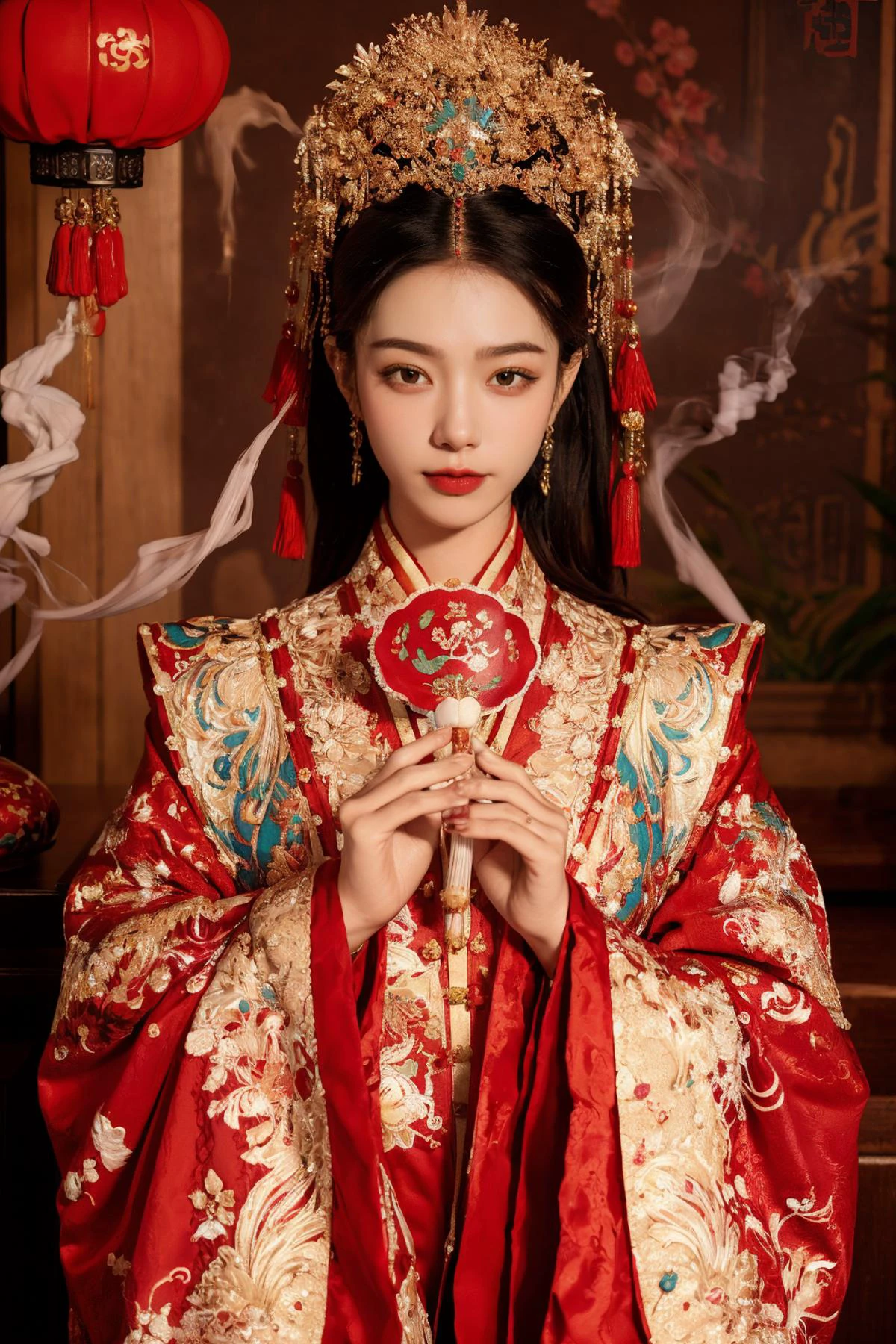 ((masterpiece), (best quality), ultra high res, (raw photo:1.2), (photorealistic:1.4), Exceptional detail, dramatic lighting, highres, 8k, absurdres, solo, ((Chinese goddess appearing in smoke form)),
CN Girl5, 1girl, ((long hair)), (black hair:1.2), navel, looking at viewer, Chinese wedding, table, upper body, standing, (Chinese decoration), red lanterns, wooden background, smoke, (incense:1.4), indoor, incense burning, ((holding)), holding tea cups,
<lora:CN_Girl4_v2-000010:0.6> , <lora:chinese_wedding:0.65>