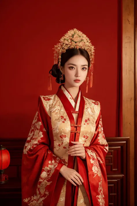 (Best Quality, Masterpiece:1.4), (Realism:1.2), (Realisitc:1.2), (Absurdres:1.2), (photorealistic:1.3), 1girl,Realistic Skin,Solo,( Very Big Eyes,beautiful detailed eyes, symmetric eyes), cowboy shot,looking at viewer, Chinese wedding, table, (Chinese decoration), red lanterns, indoors, <lora:å¤å éå¸:0.5> ,