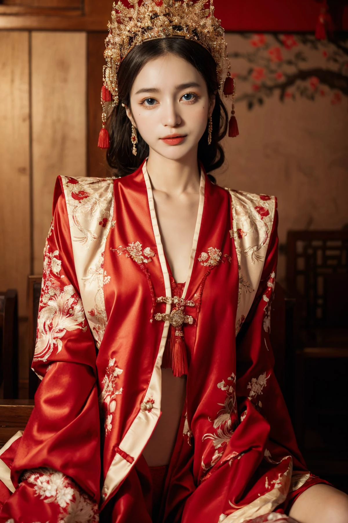 ((masterpiece), (best quality), ultra high res, (raw photo:1.2), (photorealistic:1.4), Exceptional detail, dramatic lighting, highres, 8k, absurdres, solo, ((from below)), spread legs, (((POV))),
CN Girl6, 1girl, ((long hair)), (black hair:1.2), navel, looking at viewer, Chinese wedding, table, upper body, (Chinese decoration), red lanterns, wooden background,
, <lora:chinese_wedding:0.55>, <lora:Stunning Beauty - 002:0.65>