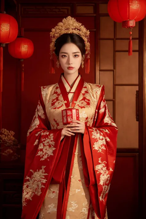 (Best Quality, Masterpiece:1.4), (Realism:1.2), (Realisitc:1.2), (Absurdres:1.2), (photorealistic:1.3), 1girl,Realistic Skin,Solo,( Very Big Eyes,beautiful detailed eyes, symmetric eyes), ((cowboy shot)),looking at viewer, Chinese wedding, (Chinese decoration), red lanterns, indoors, <lora:å¤å éå¸:0.5> ,