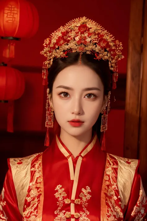 (Best Quality, Masterpiece:1.4), (Realism:1.2), (Realisitc:1.2), (Absurdres:1.2), (photorealistic:1.3), 1girl,Realistic Skin,Solo,( Very Big Eyes,beautiful detailed eyes, symmetric eyes), looking at viewer, Chinese wedding, table, upper body, (Chinese decoration), red lanterns, indoors, wooden background, <lora:å¤å éå¸:0.6>