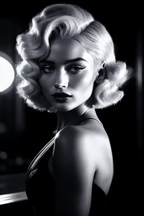 black and white still photo of RoxieCipher smoking a cigarette with styled platinum blonde 1940s hair, wearing a vintage 1940s dress, smoky crowded bar, femme fatale from a film noir movie, Robert Siodmak, cinematic lighting, atmospheric, dark, nostalgic, smoky, 35mm, depth of field <lora:LowRA:0.75>