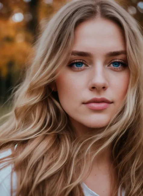 photo of a woman, autumn, blue eyes, wearing white, (8k UHD:1.1), (film grain:1.1), (raw photo:1.1), full resolution, highly detailed skin, detailed hair, dslr, sharp focus, high definition, high quality photography, intricate