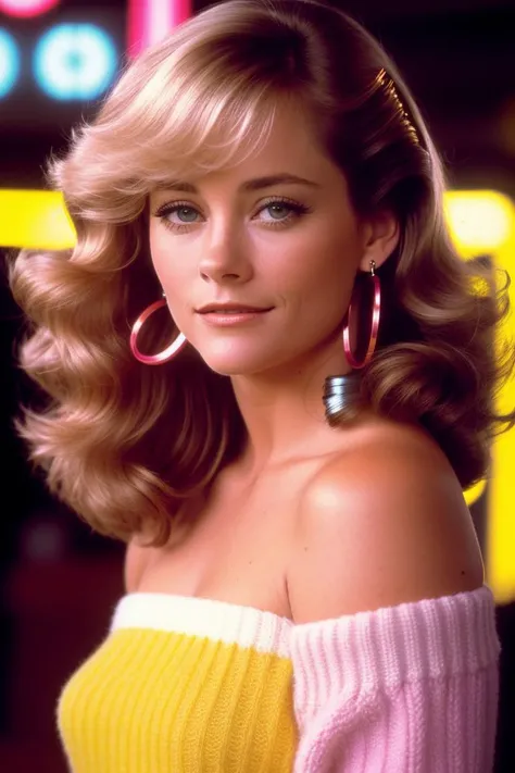 photo of seductive (cybsheph-130:0.99), a woman as a sexy student, closeup portrait, (80s hairstyle), (sweater off-shoulder with strap), at an (80s style) carnival arcade, (masterpiece:1.5) (photorealistic:1.1) (bokeh) (best quality) (detailed skin texture pores hairs:1.1) (intricate) (8k) (HDR) (wallpaper) (cinematic lighting) (sharp focus), (earrings), (vivid atmosphere), (neon signs), (carousels:1.1)