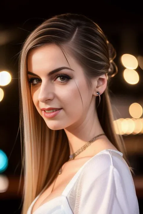 stellacox, portrait photo of elisha beautiful woman hair updo upsweep nightclub sitting at bar (masterpiece) (best quality) (detailed) (8k) (HDR) (wallpaper) (cinematic lighting) (sharp focus) (intricate)