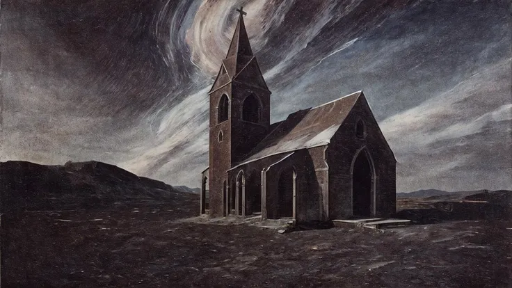 (Op Art:0.5), desolate landscape, smoky quartz rural Gothic church, cloudy sky <lora:dm_canvas_style3_1530:1>