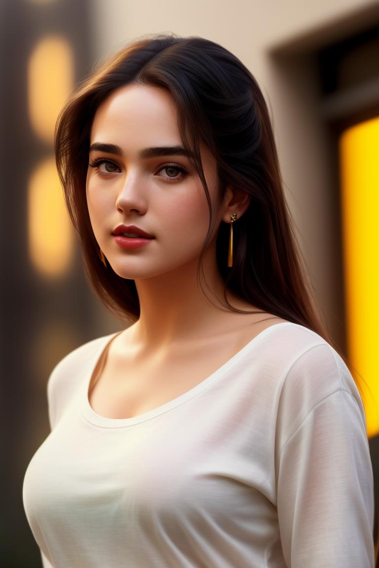 A woman with long hair and earrings standing in front of a building ...